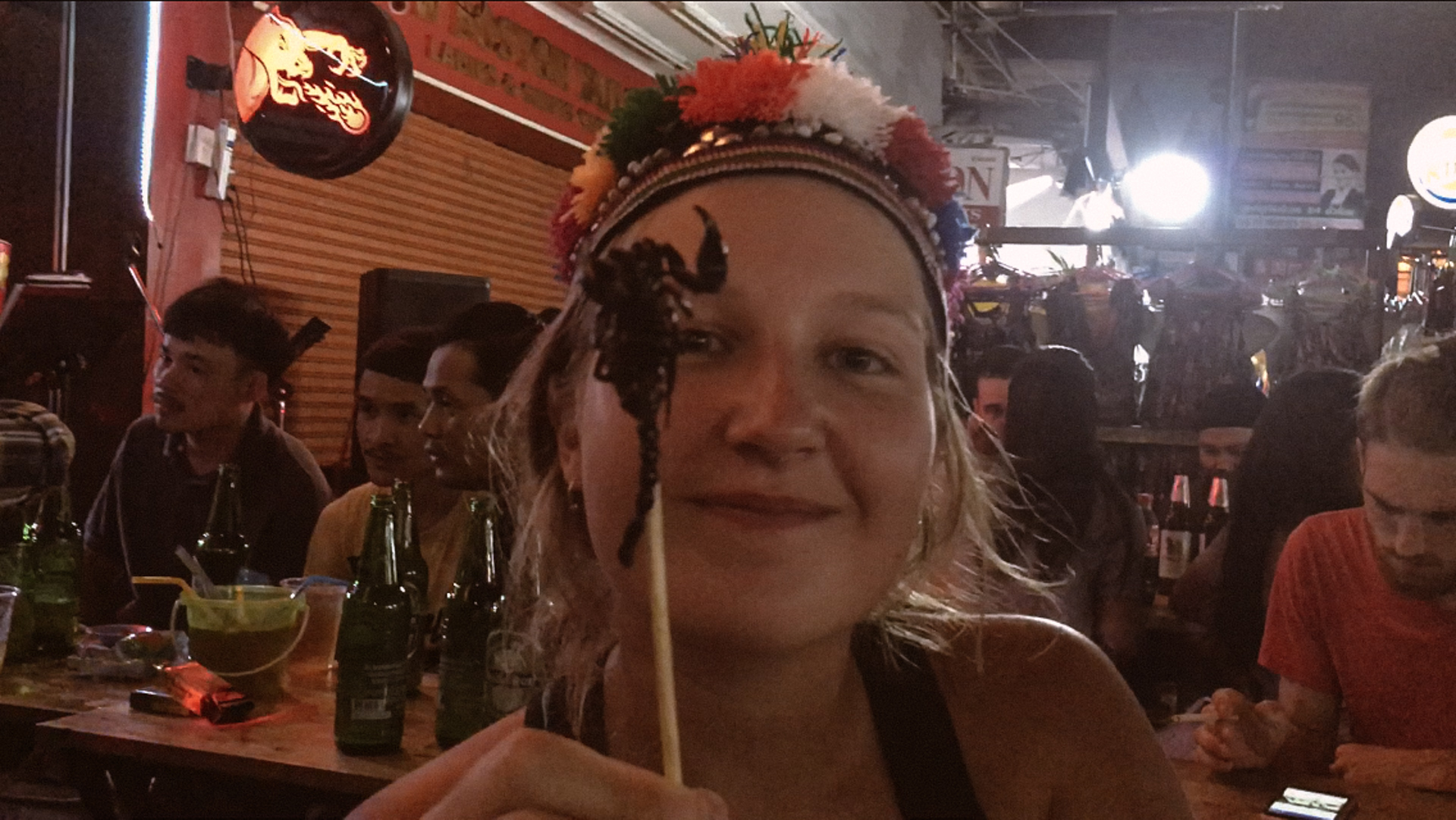 Alis eating a scorpion Khao San Road Bangkok