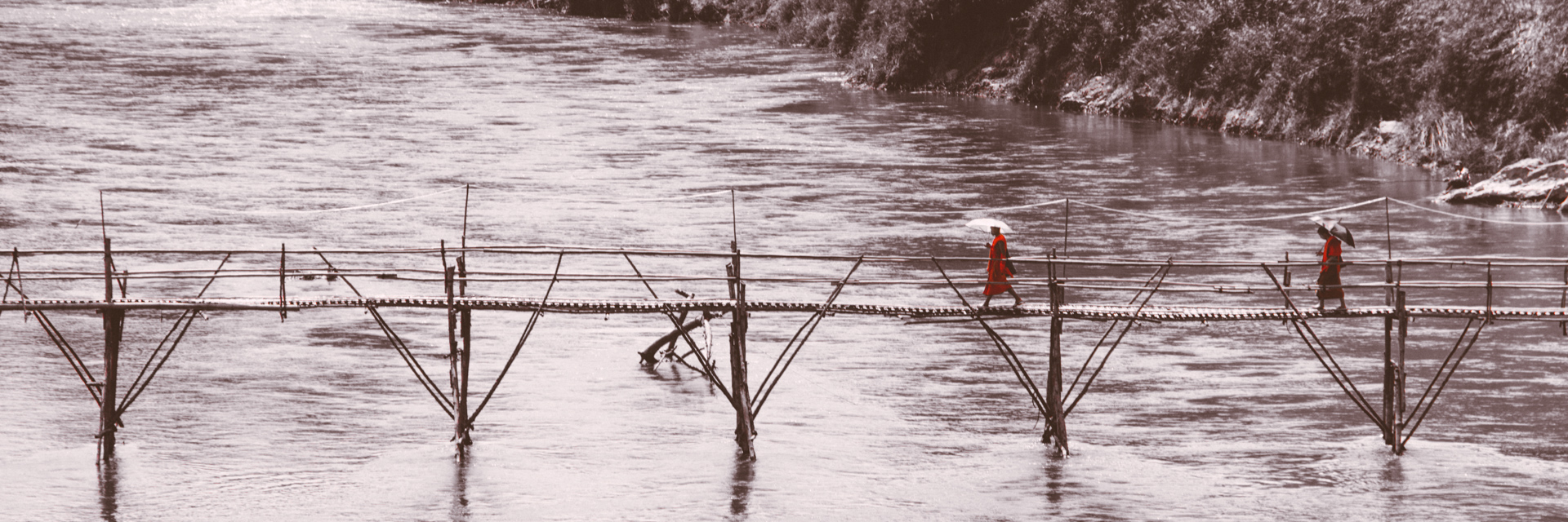 Monks Walk across bridge in Luang Prabang