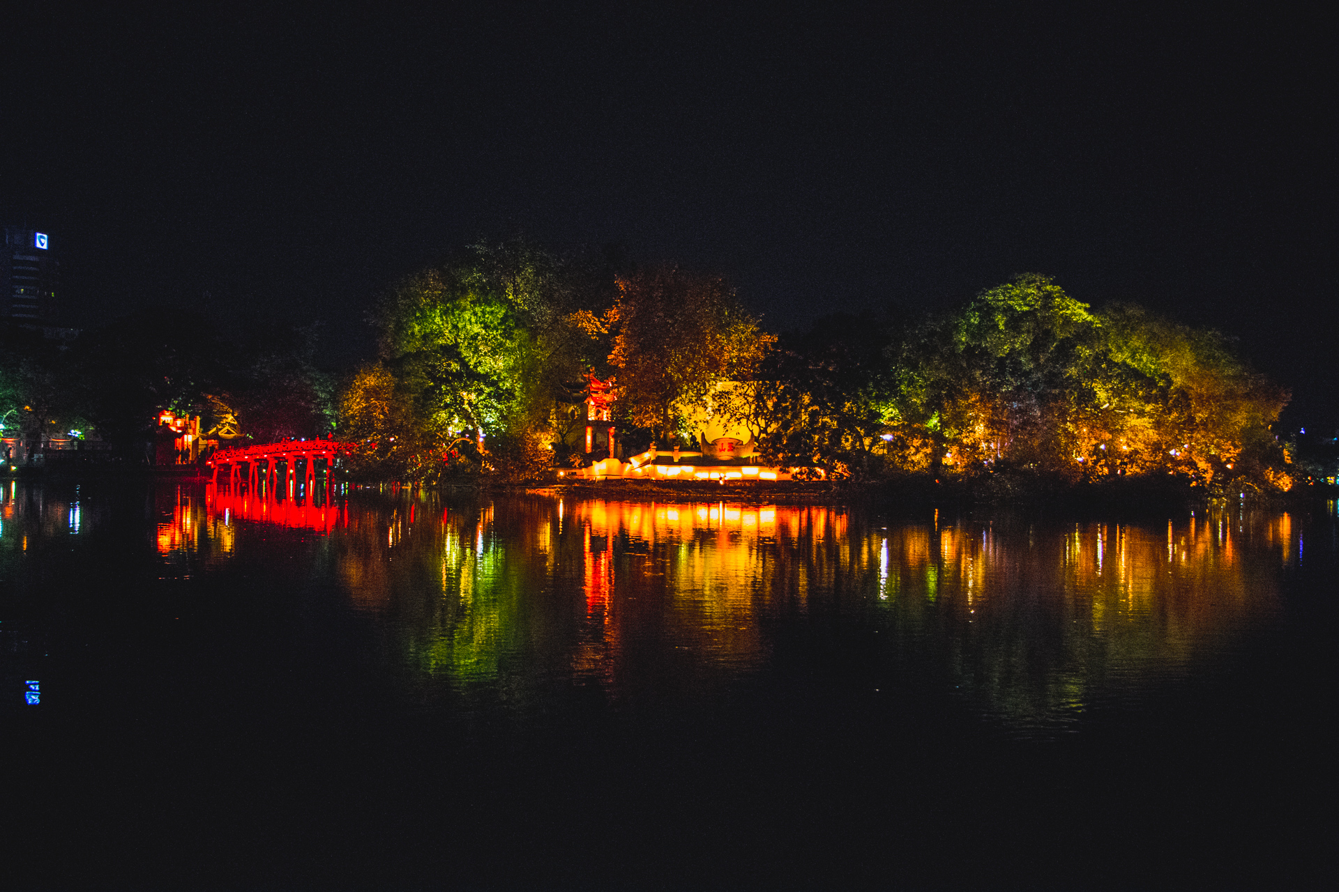 The Huc Bridge bridge Hanoi Hoan Kiem Lake at night